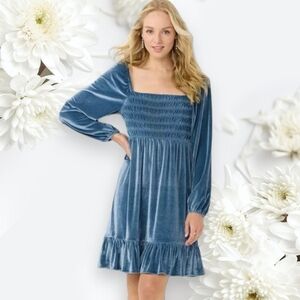 LC Lauren Conrad Smocked Velvet Long Sleeve Squareneck Blue Dress Size Large NWT